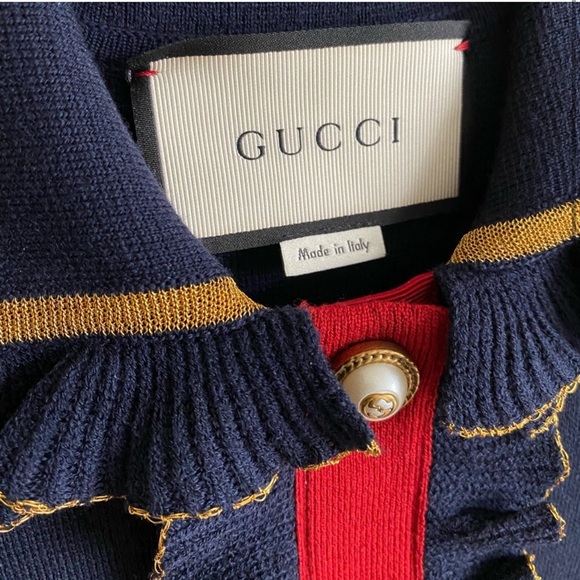 NEW! Gucci Faux Pearl Embellished Ruffled Wool Blend Mini Dress in Navy (size M) - Picture 6 of 16